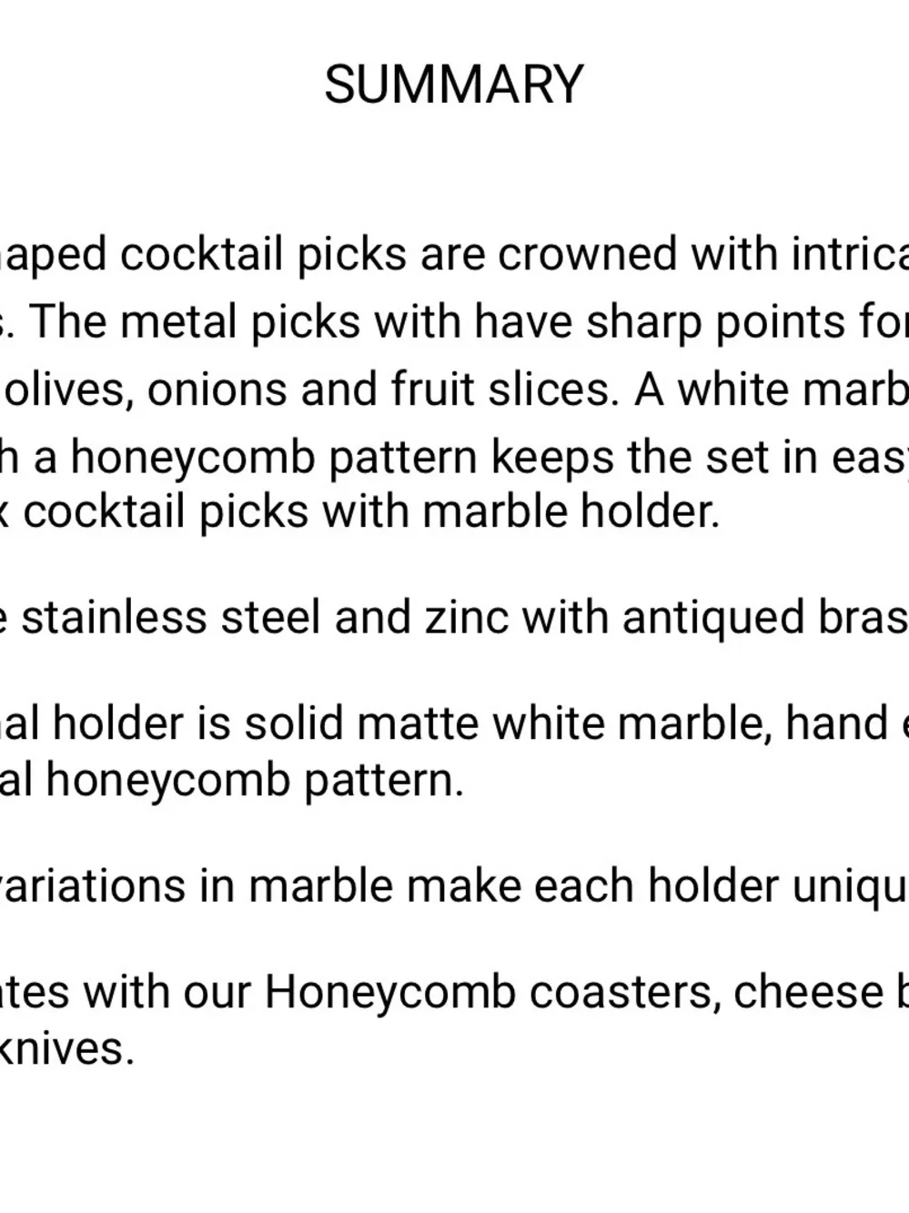Williams Sonoma Marble & Brass Bee Cocktail Picks with White Holder